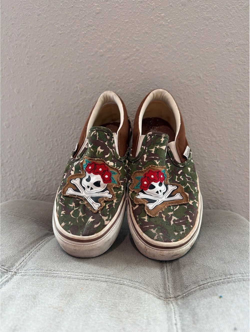 Skechers Slip-On Sneakers with Camouflage and Skull Patch Design, Size 8.5 US